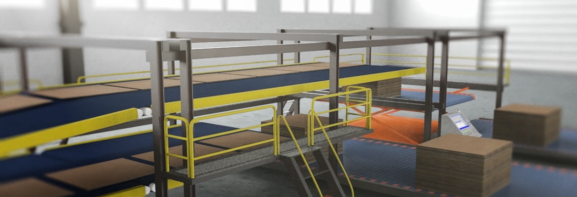 Este paso incluye la acumulación/alineación de láminas, separación y transporte a varios apiladores. El control del movimiento de las láminas es de vital importancia.