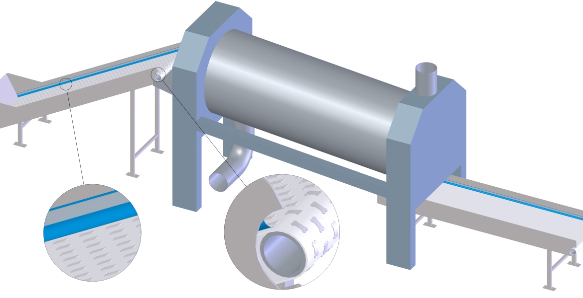 In this step, the slices are taken on incline conveyors to the first DCC (Drum Condition Cylinder). Here the brittle leaves are treated with heat and steam to make them flexible again. Additional fluids (to add flavours) may also be present.