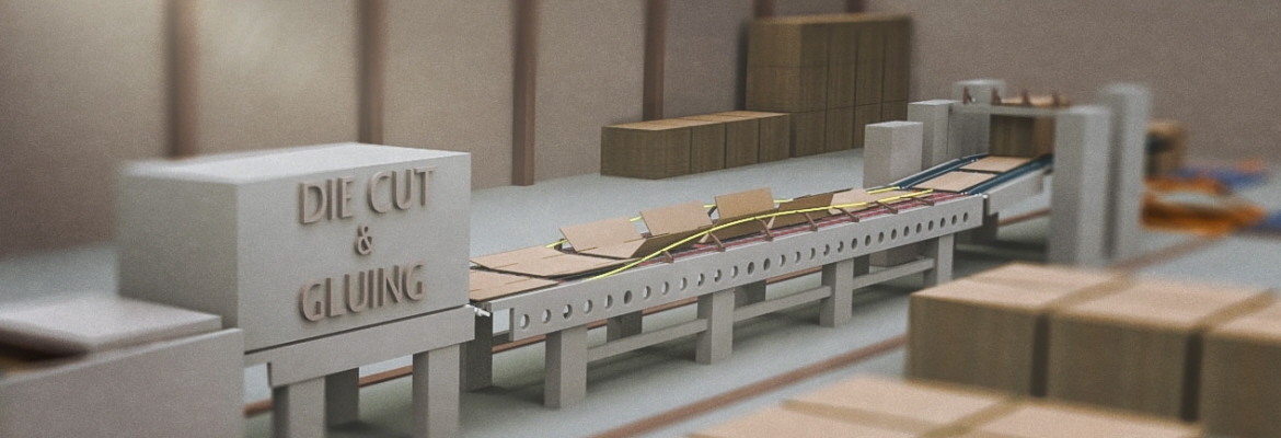 Los tableros entran en la máquina y se desplazan por medio de bandas plegadoras encoladoras y de transporte.