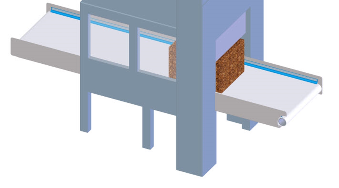Big tobacco blocks are cut into slices by an automated guillotine system. This operation may take place on a belt or it may occur between two belts.